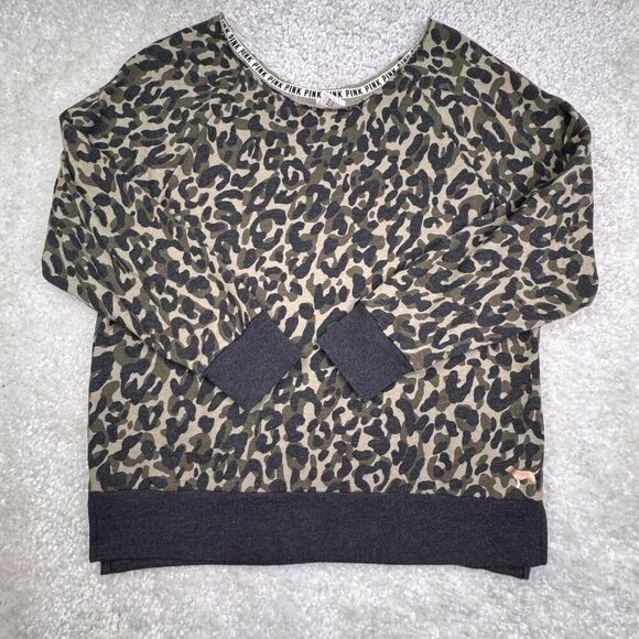 Victoria's Secret Pink Slouchy Off Shoulder Camo Sweatshirt Green - Picture 1 of 8
